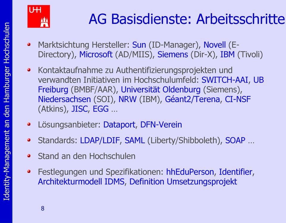 (Siemens), Niedersachsen (SOI), NRW (IBM), Géant2/Terena, CI-NSF (Atkins), JISC, EGG Lösungsanbieter: Dataport, DFN-Verein Standards: LDAP/LDIF, SAML