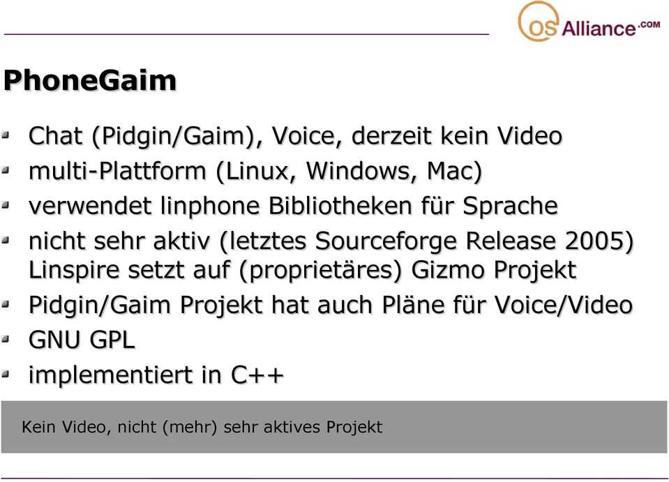 Release 2005) Linspire setzt auf (proprietäres) Gizmo Projekt Pidgin/Gaim Projekt hat auch