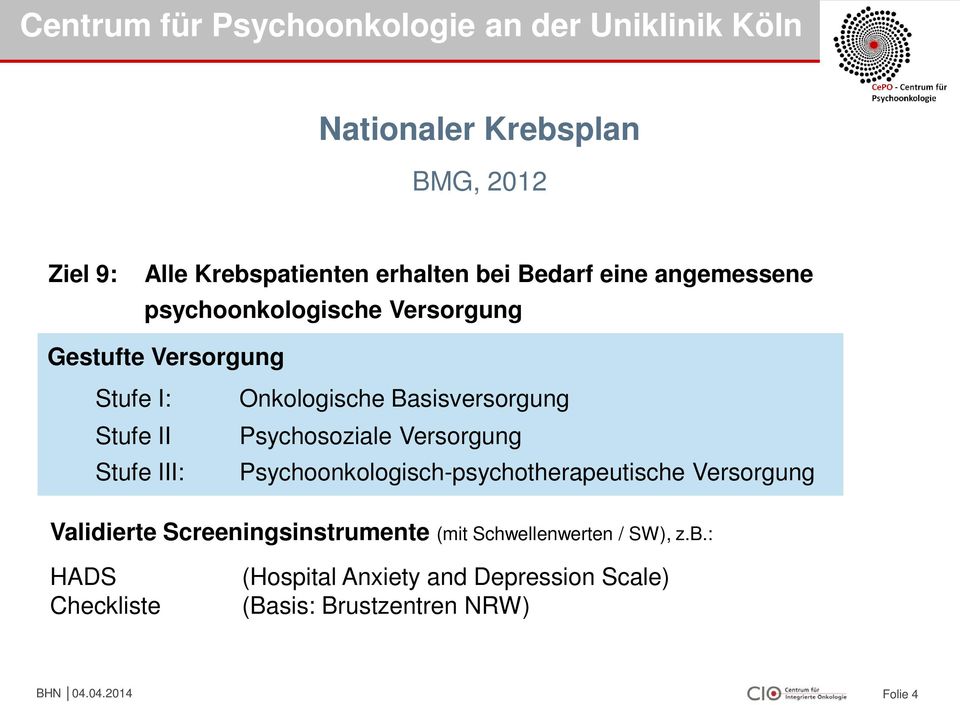 Versorgung Stufe III: Psychoonkologisch-psychotherapeutische Versorgung Validierte Screeningsinstrumente (mit