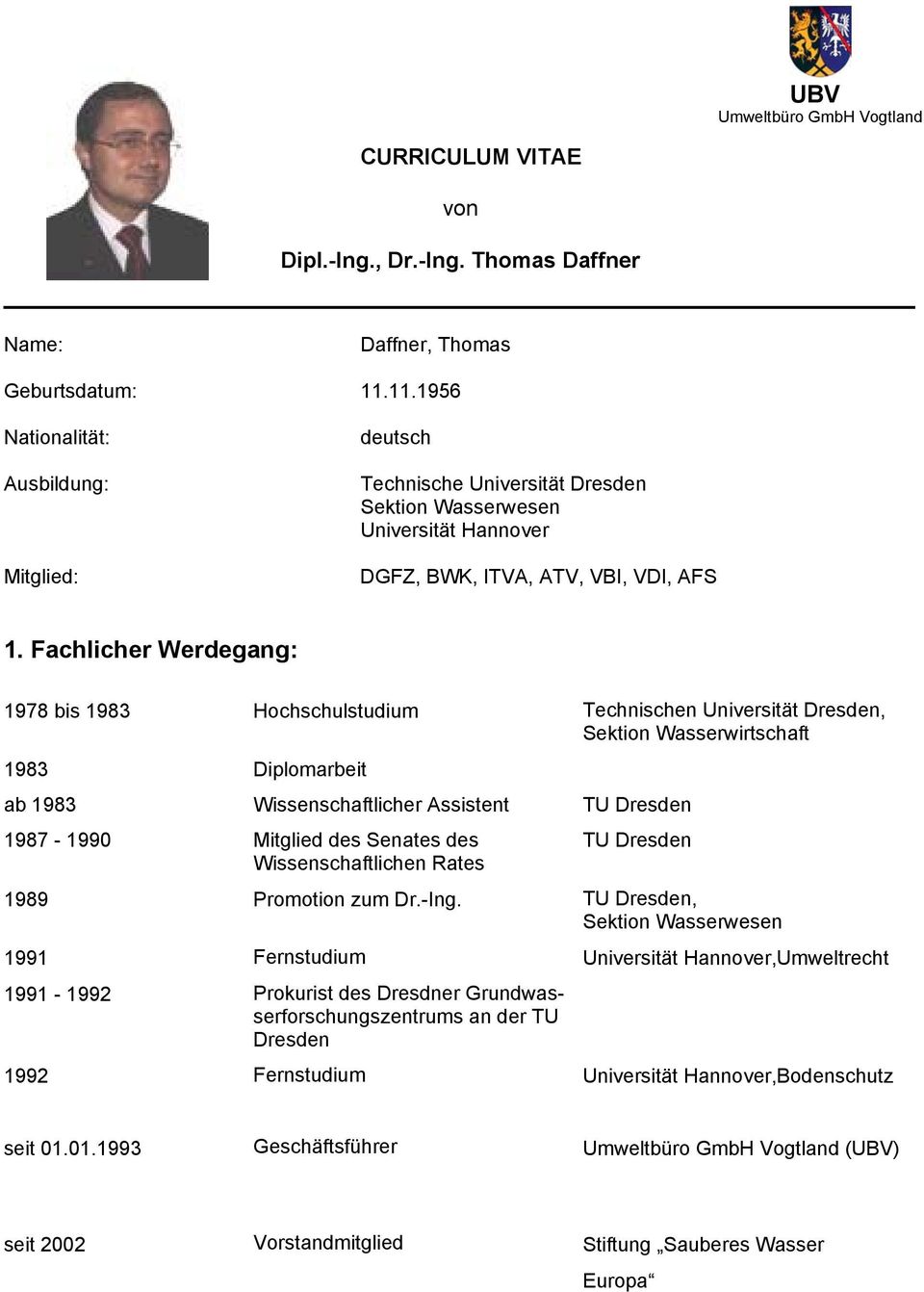 Fachlicher Werdegang: 1978 bis 1983 Hochschulstudium Technischen Universität Dresden, Sektion Wasserwirtschaft 1983 Diplomarbeit ab 1983 1987-1990 Wissenschaftlicher Assistent Mitglied des Senates