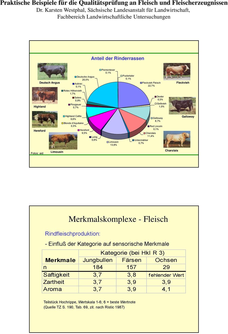0,7% Galloway Fotos: aid Limousin Charolais Merkmalskomplexe - Fleisch Rindfleischproduktion: - Einfluß der Kategorie auf sensorische Merkmale Kategorie (bei Hkl R 3) Merkmale Jungbullen