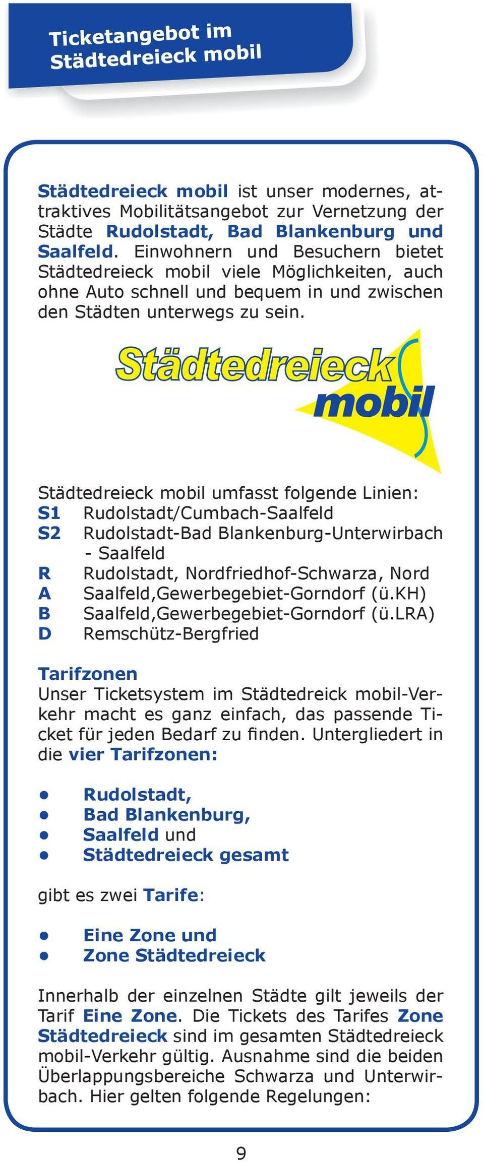 Städtedreieck mobil umfasst folgende Linien: S1 Rudolstadt/Cumbach-Saalfeld S2 Rudolstadt-Bad Blankenburg-Unterwirbach - Saalfeld R Rudolstadt, Nordfriedhof-Schwarza, Nord A