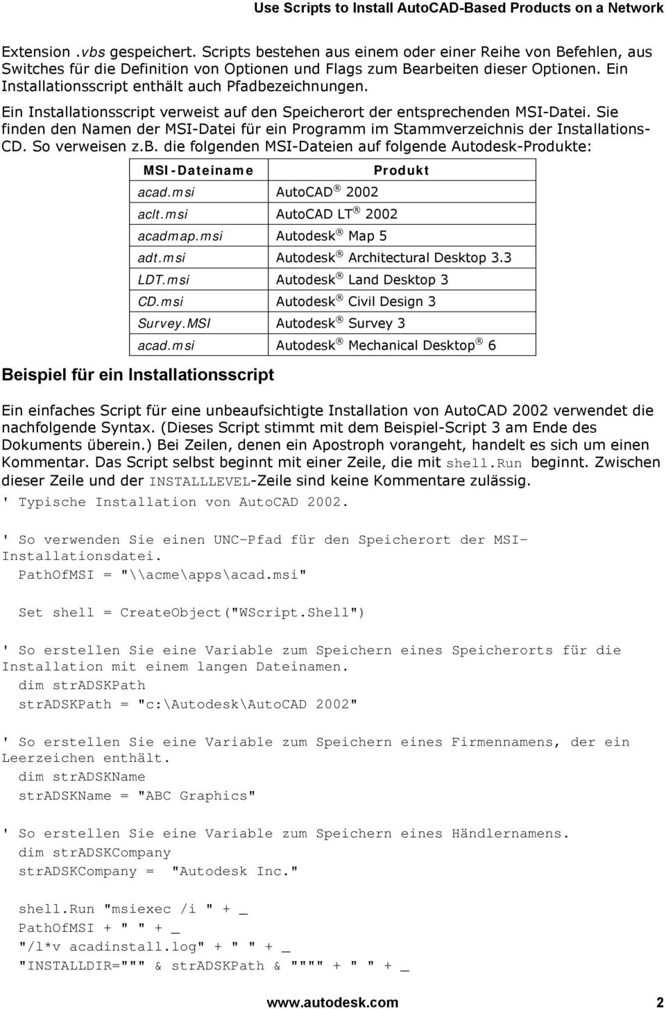 Sie finden den Namen der MSI-Datei für ein Programm im Stammverzeichnis der Installations- CD. So verweisen z.b. die folgenden MSI-Dateien auf folgende Autodesk-Produkte: MSI-Dateiname acad.