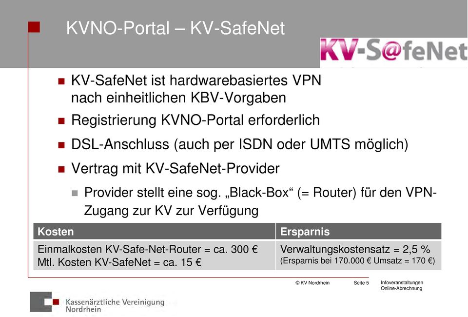 Black-Box (= Router) für den VPN- Zugang zur KV zur Verfügung Kosten Einmalkosten KV-Safe-Net-Router = ca. 300 Mtl.