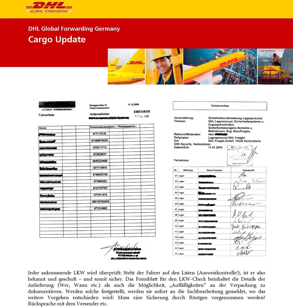 Das Formblatt für den LKW-Check beinhaltet die Details der Anlieferung (Wer, Wann etc.