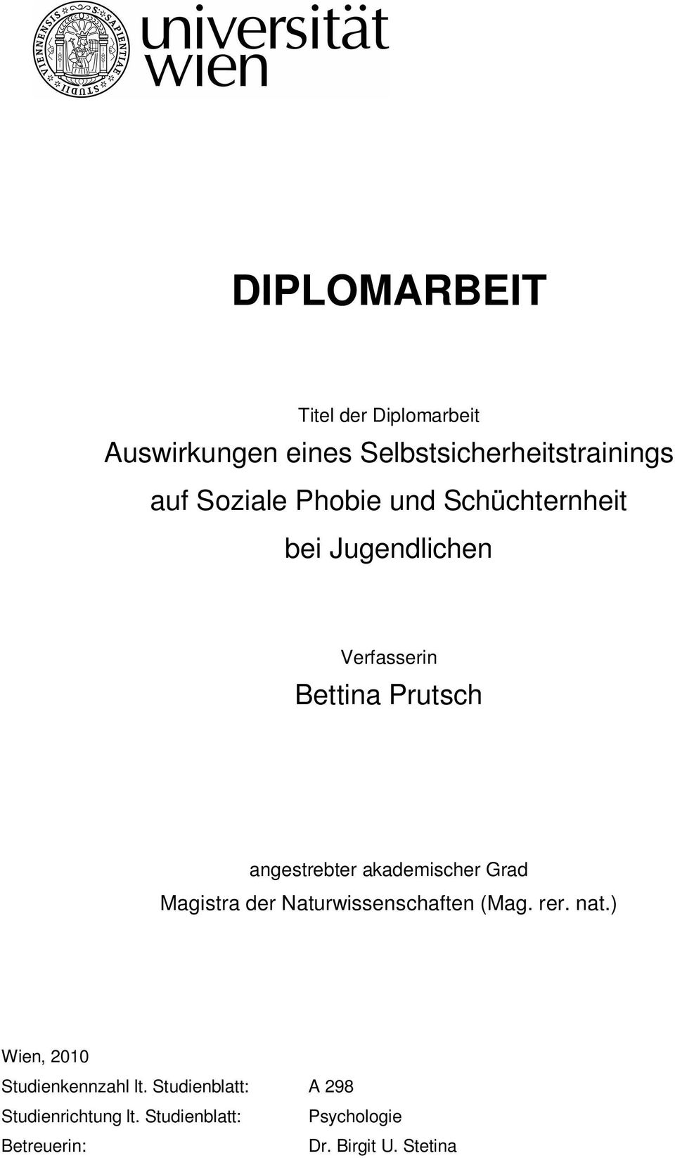akademischer Grad Magistra der Naturwissenschaften (Mag. rer. nat.