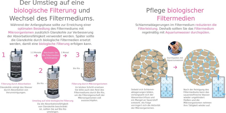 Später sollte die Glanzkohle durch biologische Filtermedien ersetzt werden, damit eine biologische Filterung erfolgen kann.