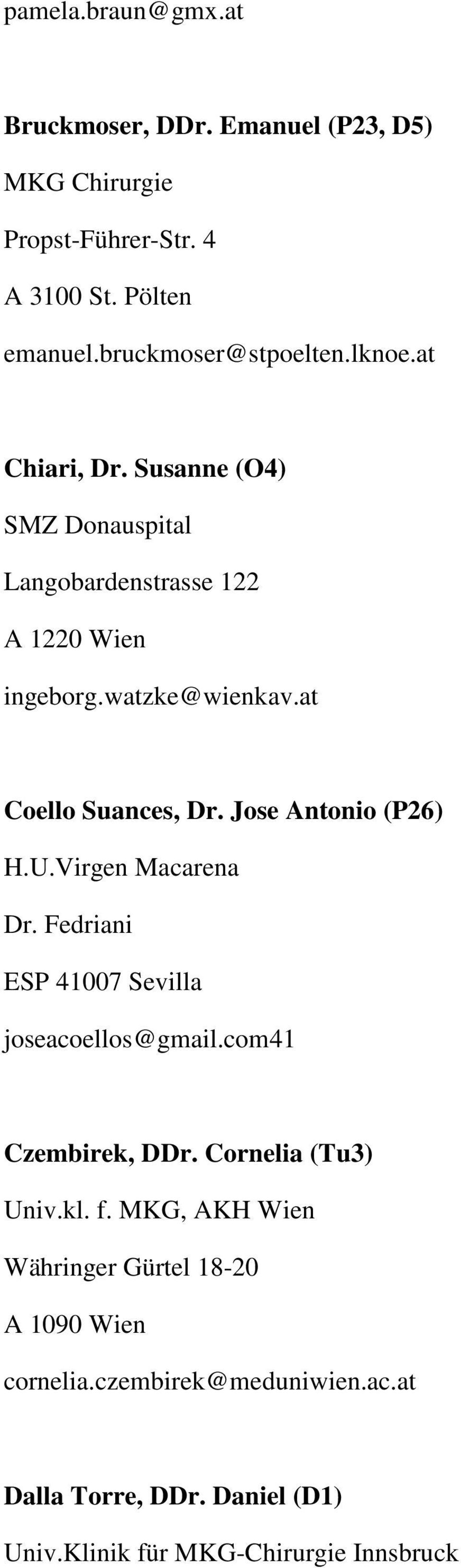 Jose Antonio (P26) H.U.Virgen Macarena Dr. Fedriani ESP 41007 Sevilla joseacoellos@gmail.com41 Czembirek, DDr. Cornelia (Tu3) Univ.kl. f.