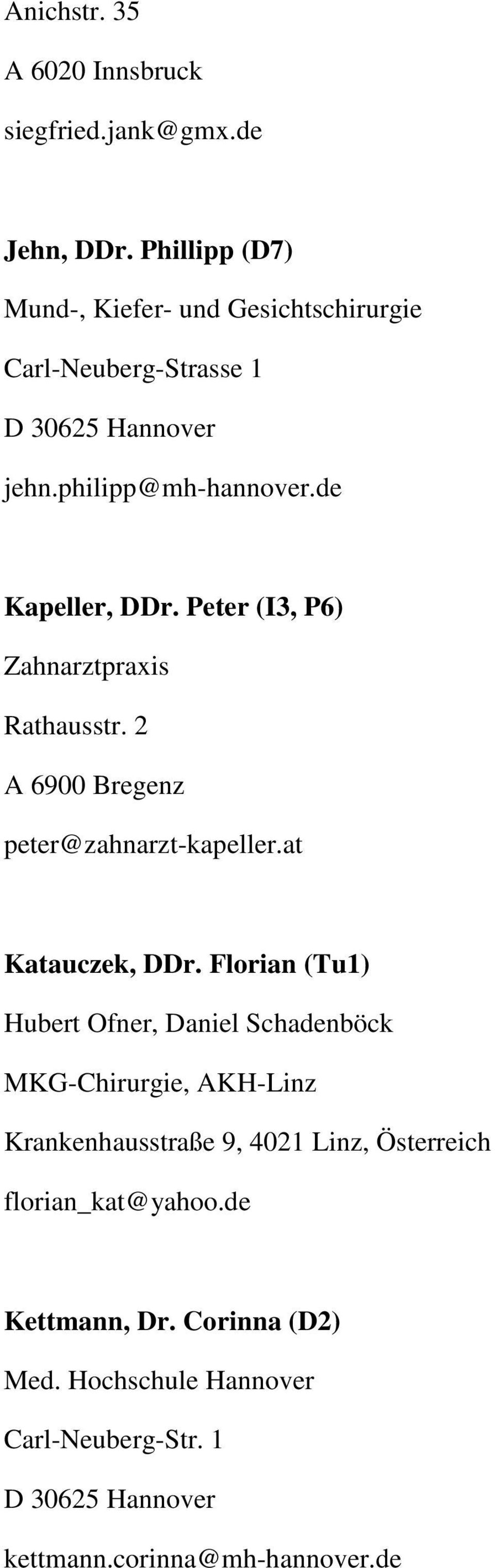 Peter (I3, P6) Zahnarztpraxis Rathausstr. 2 A 6900 Bregenz peter@zahnarzt-kapeller.at Katauczek, DDr.