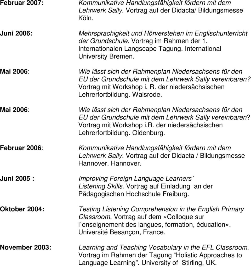 International University Bremen. Wie lässt sich der Rahmenplan Niedersachsens für den EU der Grundschule mit dem Lehrwerk Sally vereinbaren? Vortrag mit Workshop i. R. der niedersächsischen Lehrerfortbildung.
