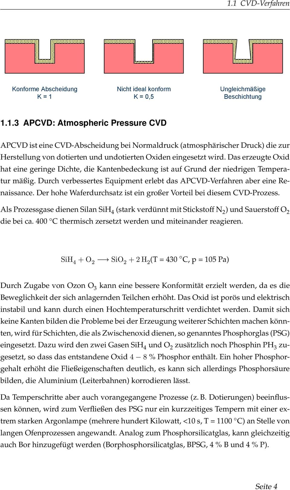 1.3 APCVD: Atmospheric Pressure CVD APCVD ist eine CVD-Abscheidung bei Normaldruck (atmosphärischer Druck) die zur Herstellung von dotierten und undotierten Oxiden eingesetzt wird.