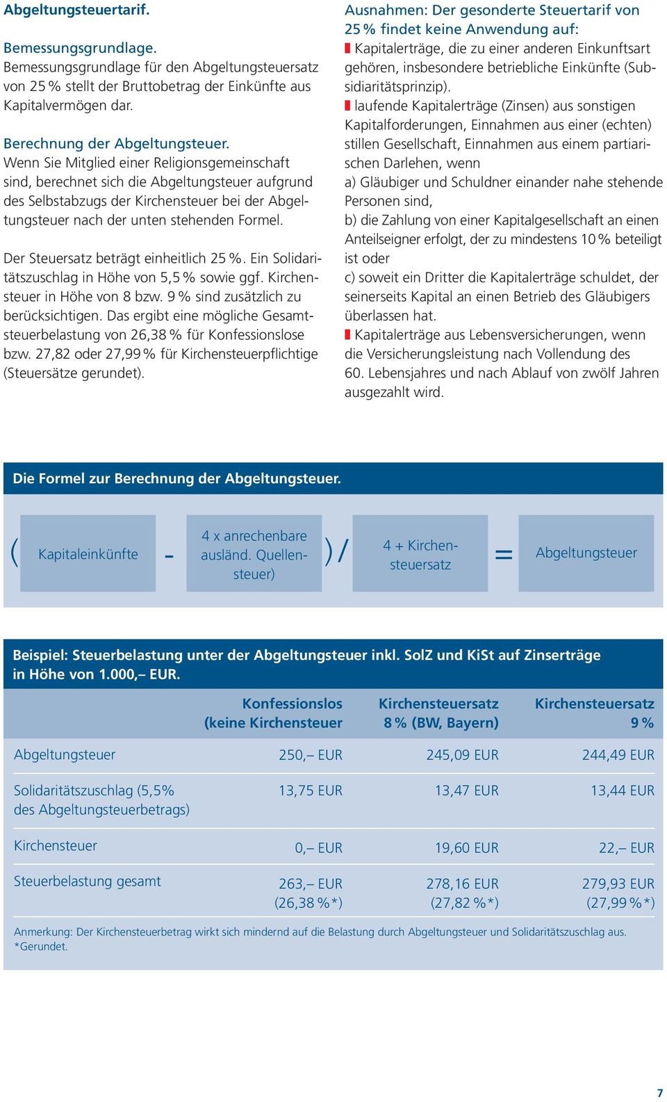 Der Steuersatz beträgt einheitlich 25 %. Ein Solidaritätszuschlag in Höhe von 5,5 % sowie ggf. Kirchensteuer in Höhe von 8 bzw. 9 % sind zusätzlich zu berücksichtigen.