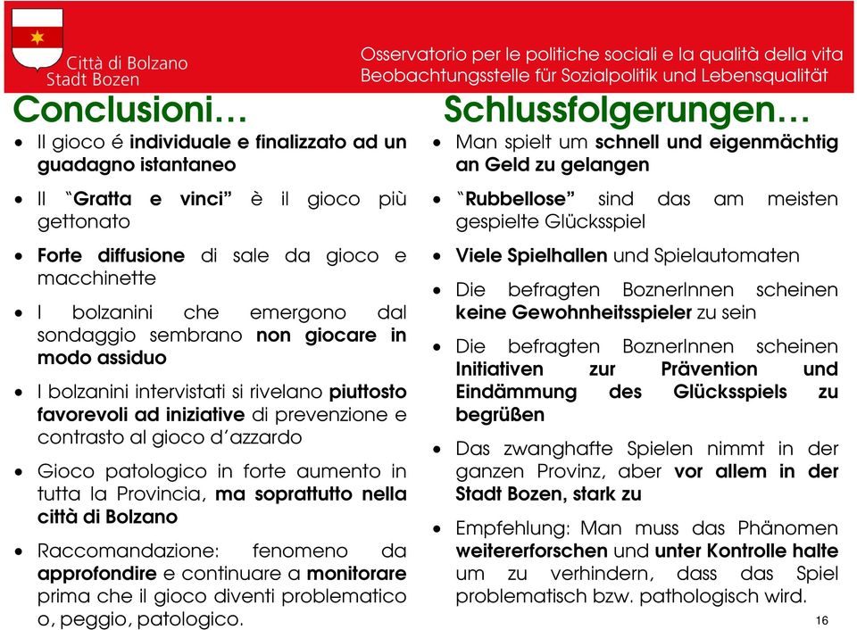 in tutta la Provincia, ma soprattutto nella città di Bolzano Raccomandazione: fenomeno da approfondire e continuare a monitorare prima che il gioco diventi problematico o, peggio, patologico.