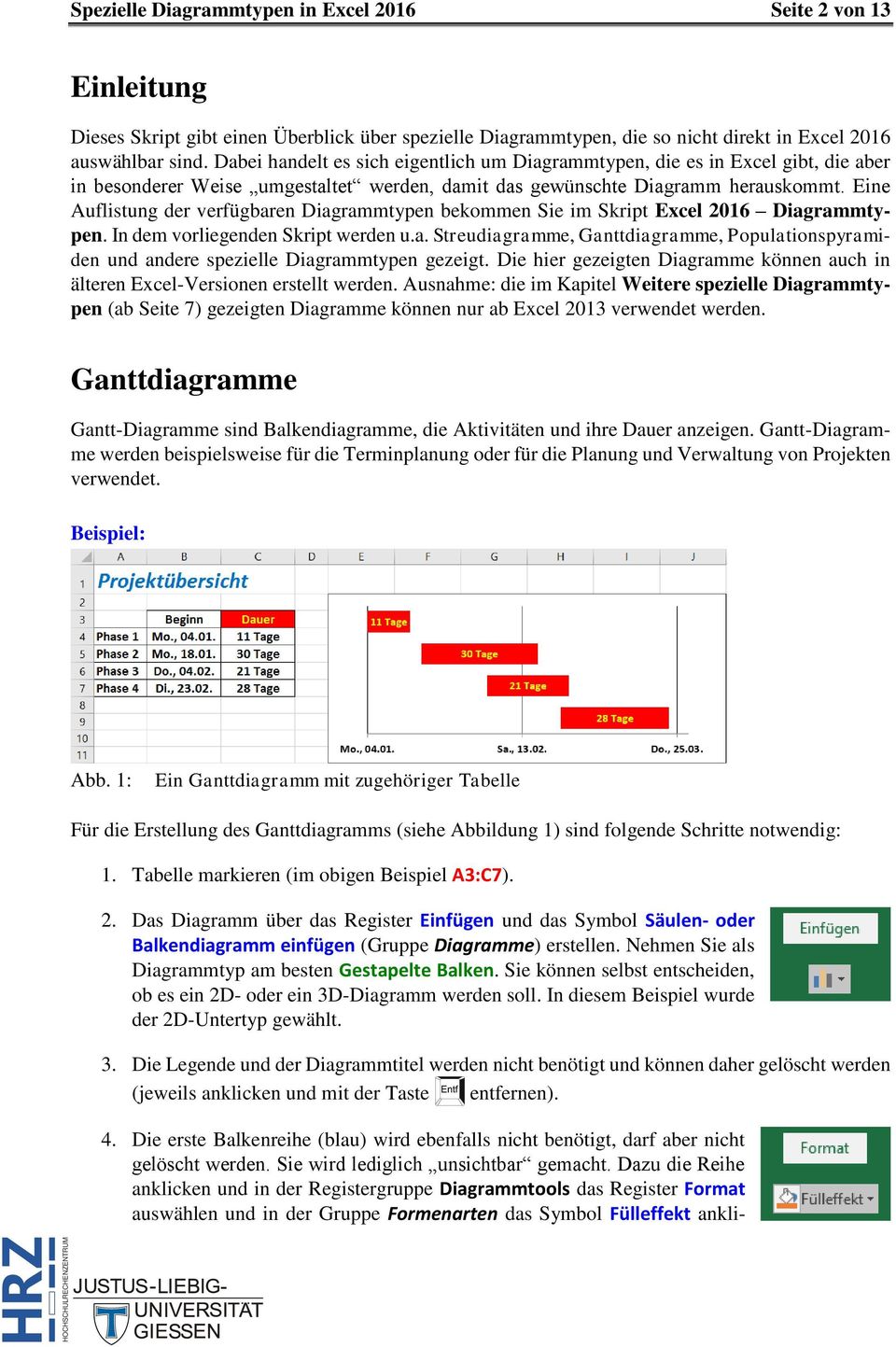 Eine Auflistung der verfügbaren Diagrammtypen bekommen Sie im Skript Excel 2016 Diagrammtypen. In dem vorliegenden Skript werden u.a. Streudiagramme, Ganttdiagramme, Populationspyramiden und andere spezielle Diagrammtypen gezeigt.