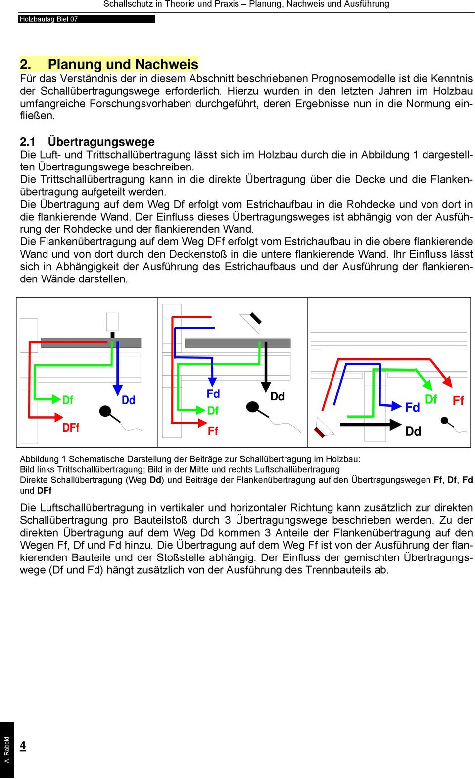 1 Übertragungswege Die Luft- und Trittschallübertragung lässt sich im Holzbau durch die in Abbildung 1 dargestellten Übertragungswege beschreiben.