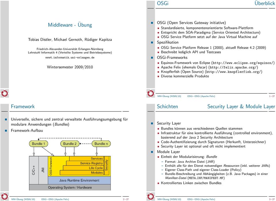 de Wintersemester 2009/2010 OSGi (Open Services Gateway initiative) Standardisierte, komponentenorientierte Software-Plattform Entspricht dem SOA-Paradigma (Service Oriented Architecture) OSGi