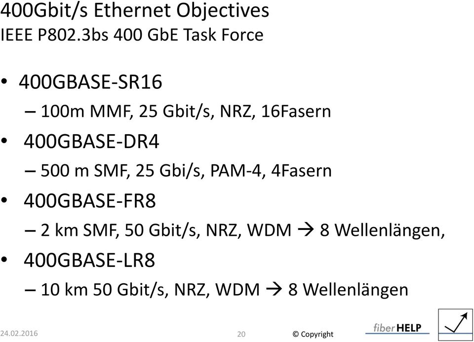 400GBASE-DR4 500 m SMF, 25 Gbi/s, PAM-4, 4Fasern 400GBASE-FR8 2 km SMF,