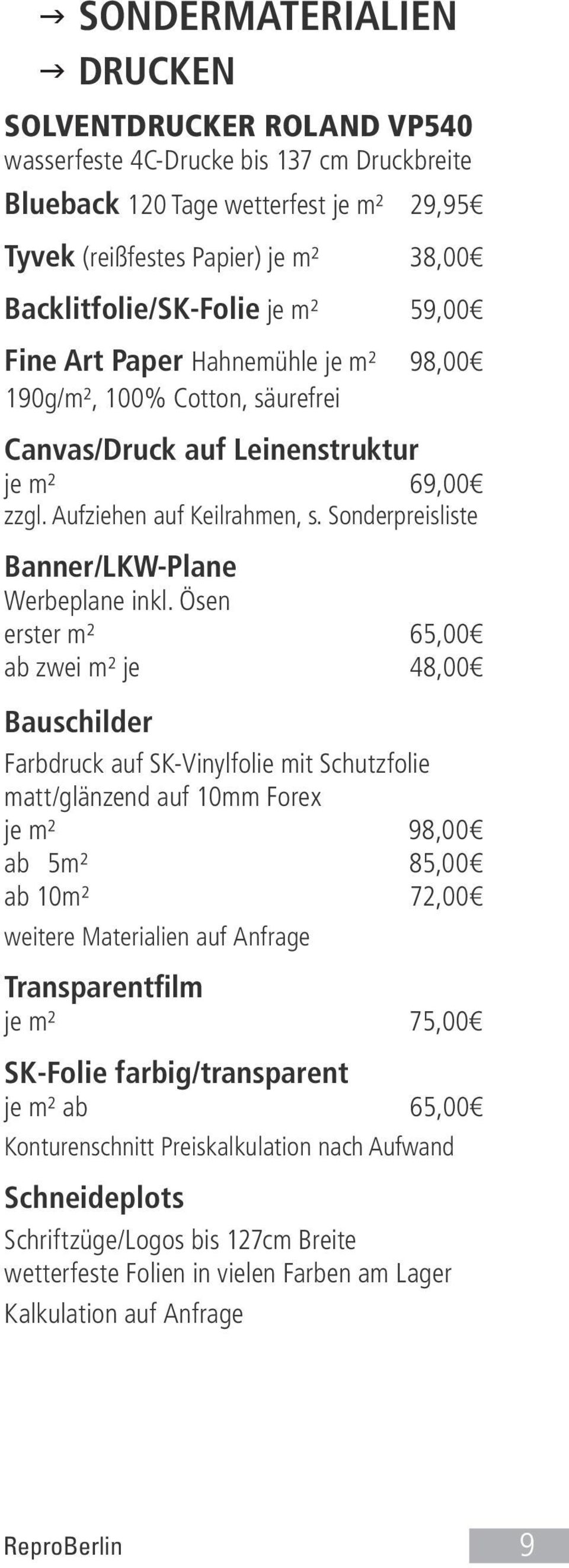 Sonderpreisliste Banner/LKW-Plane Werbeplane inkl.