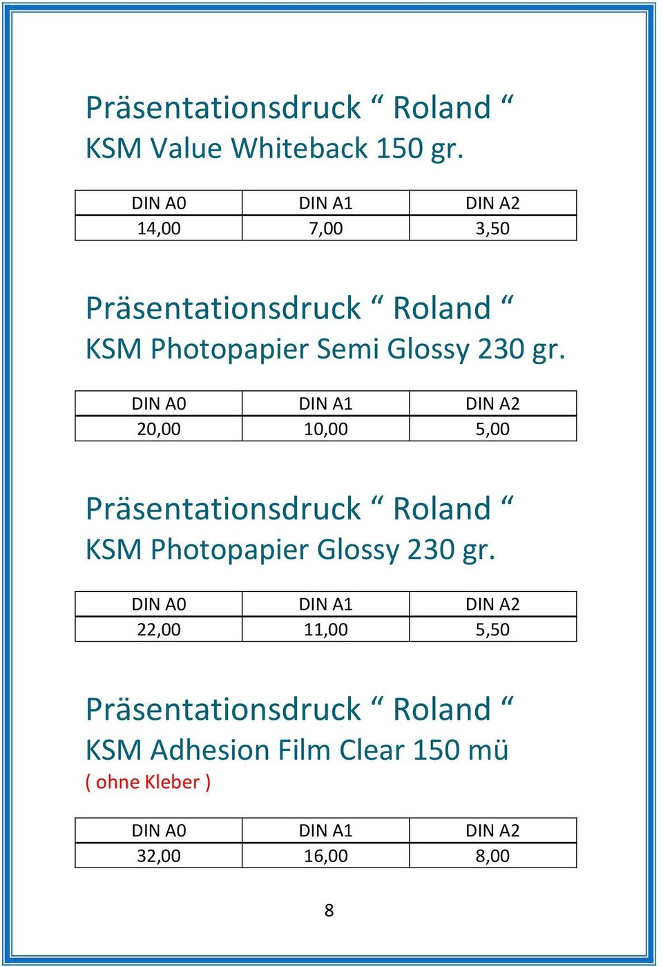 20,00 10,00 5,00 Präsentationsdruck Roland KSM Photopapier Glossy 230 gr.