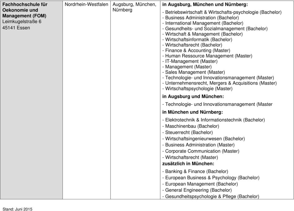 Wirtschaftsinformatik (Bachelor) - Wirtschaftsrecht (Bachelor) - Finance & Accounting (Master) - Human Ressource Management (Master) - IT-Management (Master) - Management (Master) - Sales Management