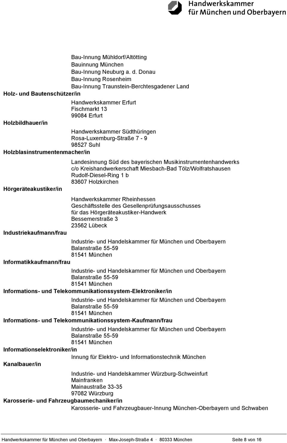 Rosa-Luxemburg-Straße 7-9 98527 Suhl Holzblasinstrumentenmacher/in Hörgeräteakustiker/in Industriekaufmann/frau Landesinnung Süd des bayerischen Musikinstrumentenhandwerks c/o Kreishandwerkerschaft