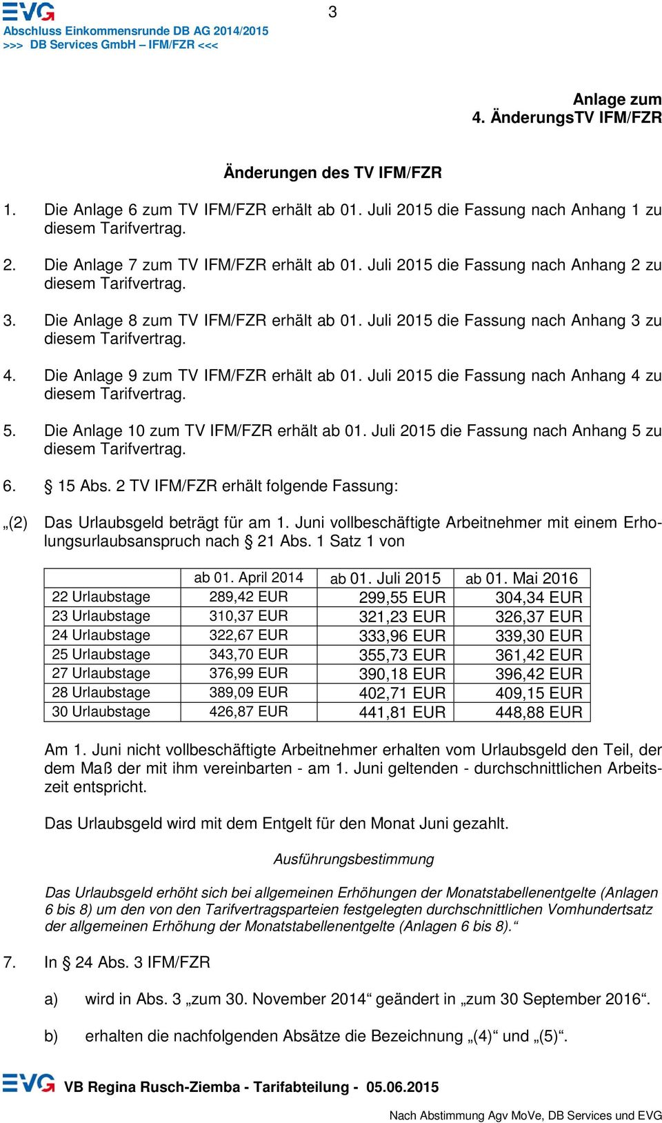Die Anlage 9 zum TV IFM/FZR erhält ab 01. Juli 2015 die Fassung nach Anhang 4 zu diesem Tarifvertrag. 5. Die Anlage 10 zum TV IFM/FZR erhält ab 01.