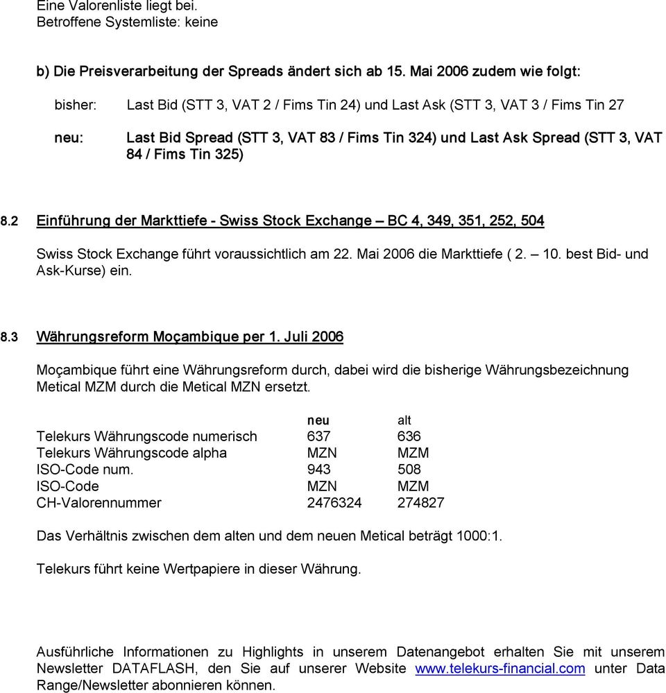 / Fims Tin 325) 8.2 Einführung der Markttiefe Swiss Stock Exchange BC 4, 349, 351, 252, 504 Swiss Stock Exchange führt voraussichtlich am 22. Mai 2006 die Markttiefe ( 2. 10.