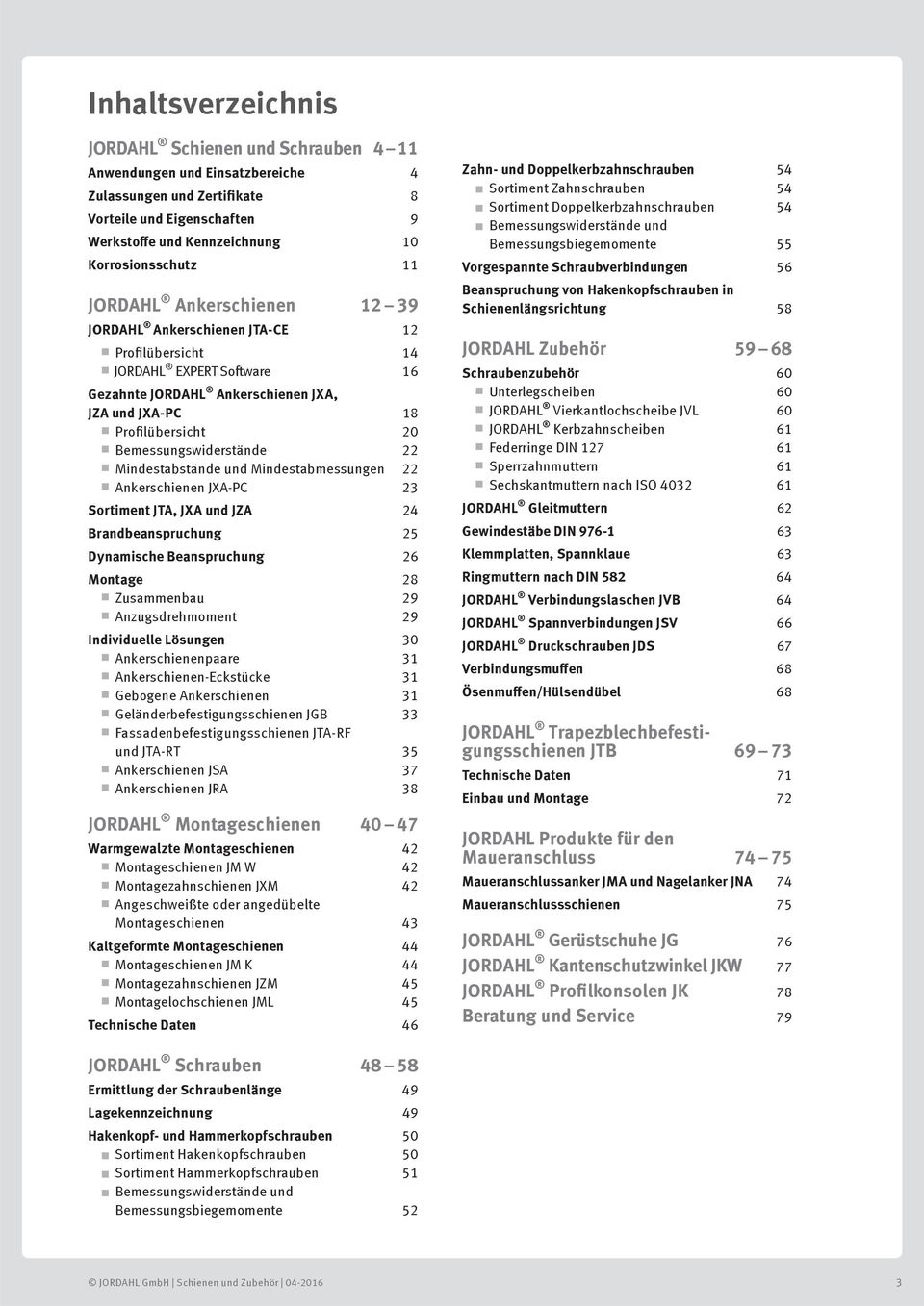 Bemessungswiderstände 22 Mindestabstände und Mindestabmessungen 22 Ankerschienen JXA-PC 23 Sortiment JTA, JXA und JZA 24 Brandbeanspruchung 25 Dynamische Beanspruchung 26 Montage 28 Zusammenbau 29