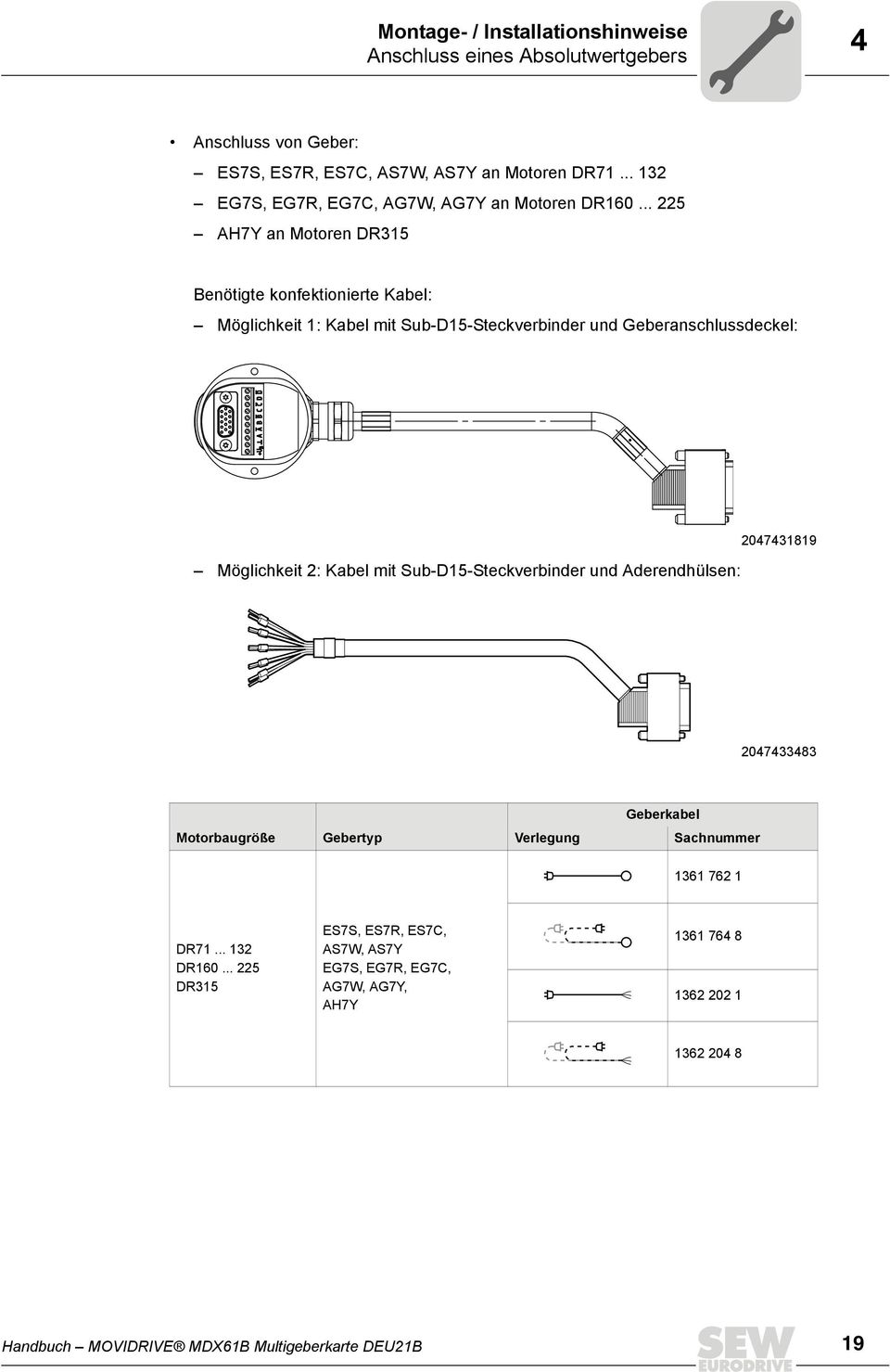 .. 225 AH7Y an Motoren DR315 Benötigte konfektionierte Kabel: Möglichkeit 1: Kabel mit Sub-D15-Steckverbinder und Geberanschlussdeckel: Möglichkeit 2: Kabel mit