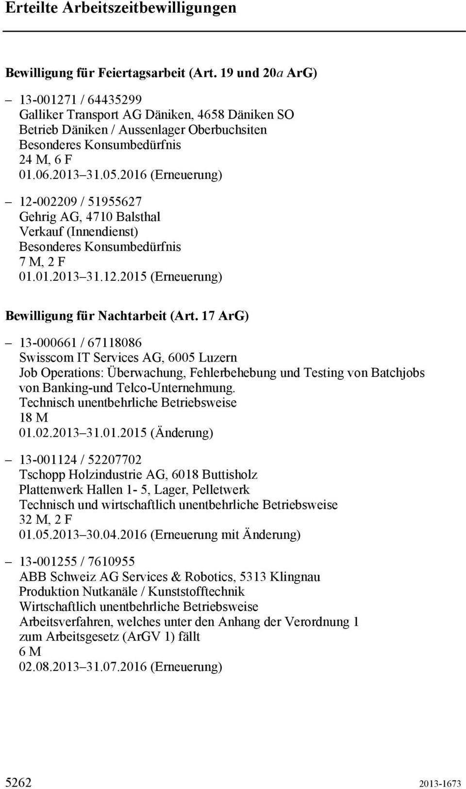 (Innendienst) 7 M, 2 F 01.01.2013 31.12.2015 (Erneuerung) Bewilligung für Nachtarbeit (Art.