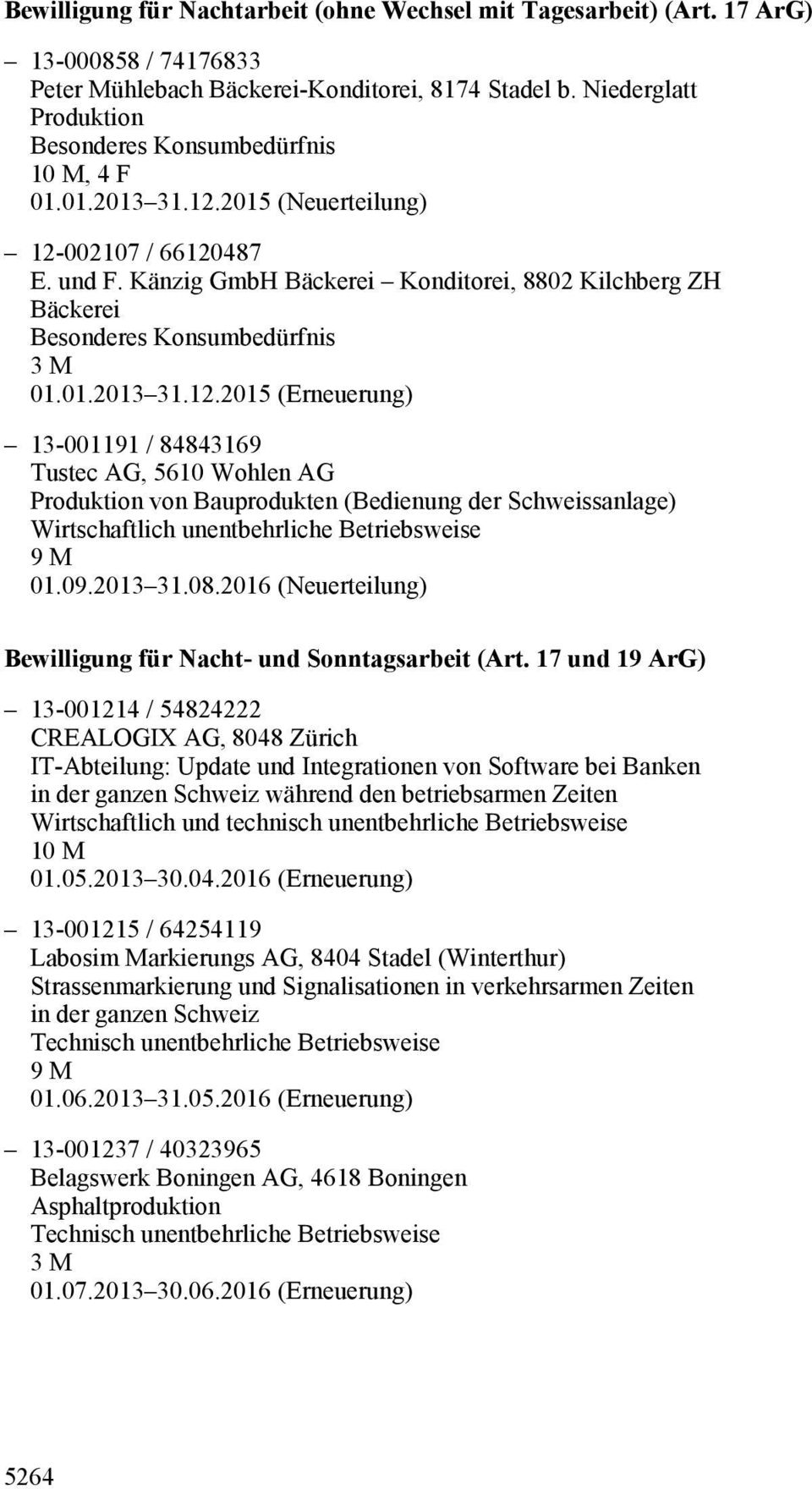 09.2013 31.08.2016 (Neuerteilung) Bewilligung für Nacht- und Sonntagsarbeit (Art.
