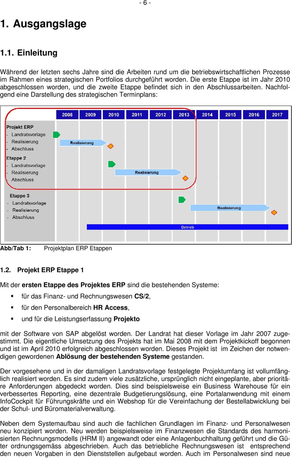 Nachfolgend eine Darstellung des strategischen Terminplans: Abb/Tab 1: Projektplan ERP Etappen 1.2.