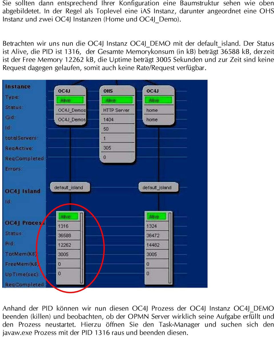 Der Status ist Alive, die PID ist 1316, der Gesamte Memorykonsum (in kb) beträgt 36588 kb, derzeit ist der Free Memory 12262 kb, die Uptime beträgt 3005 Sekunden und zur Zeit sind keine Request