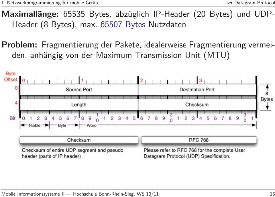 65507 Bytes Nutzdaten Problem: Fragmentierung der Pakete, idealerweise Fragmentierung