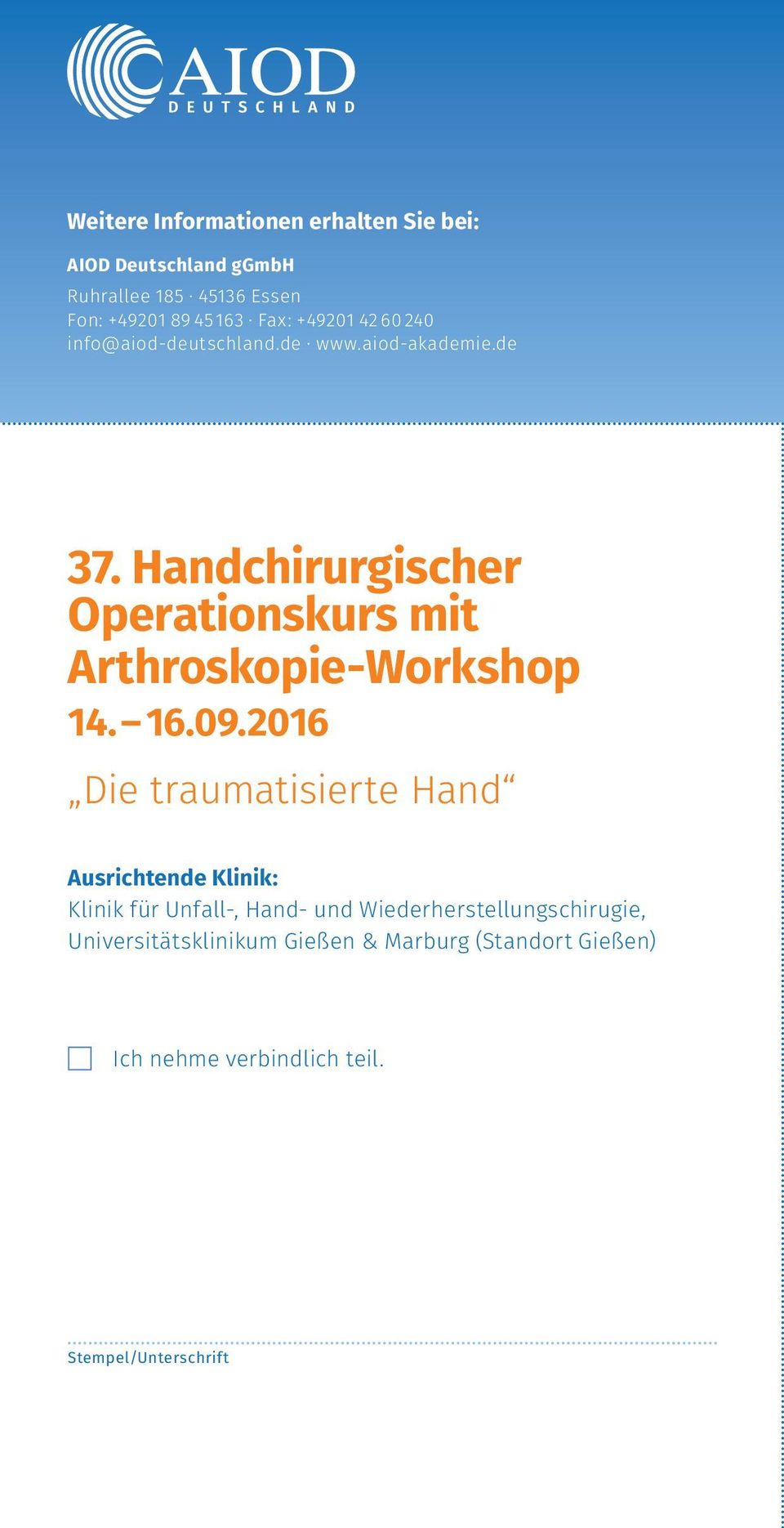 Handchirurgischer Operationskurs mit Arthroskopie-Workshop 14. 16.09.