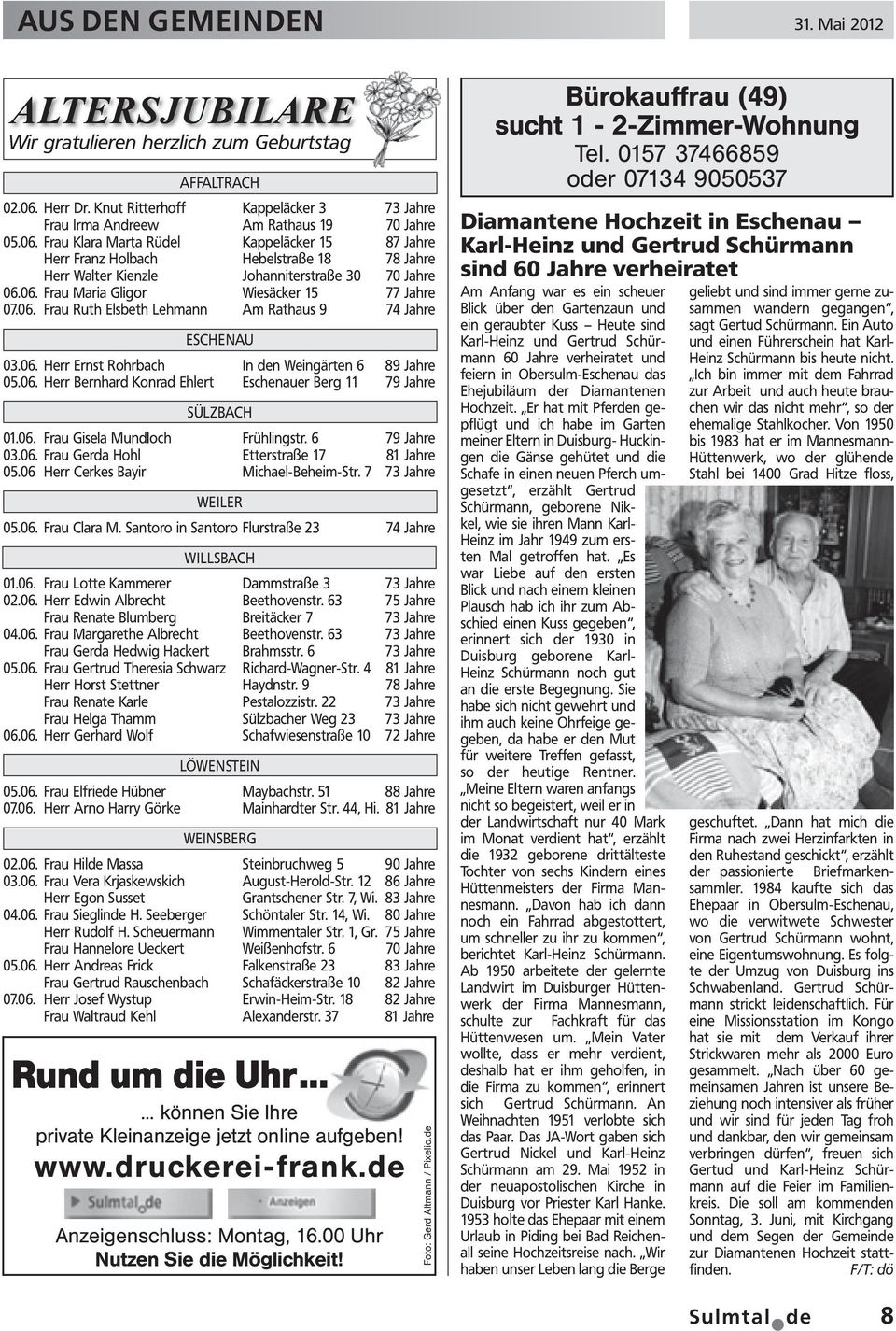Frau Klara Marta Rüdel Kappeläcker 15 87 Jahre Herr Franz Holbach Hebelstraße 18 78 Jahre Herr Walter Kienzle Johanniterstraße 30 70 Jahre 06.