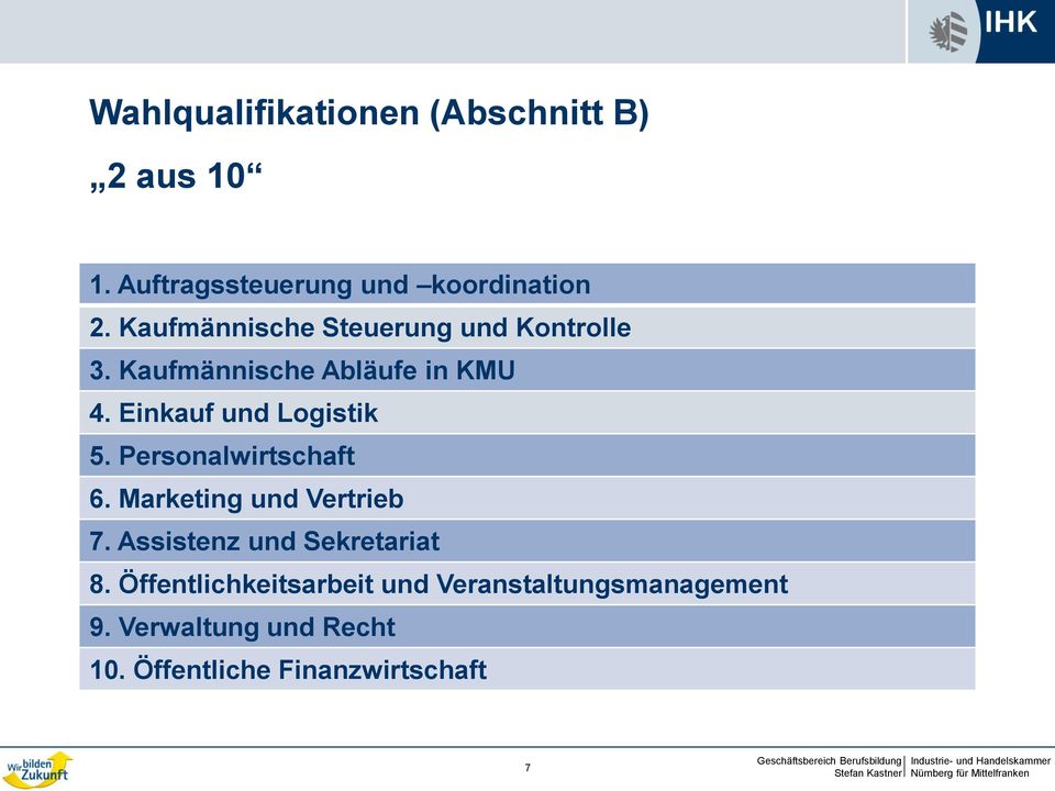 Einkauf und Logistik 5. Personalwirtschaft 6. Marketing und Vertrieb 7.