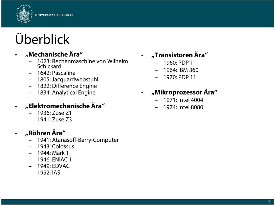1941: Zuse Z3 Transistoren Ära 1960: PDP 1 1964: IBM 360 1970: PDP 11 Mikroprozessor Ära 1971: Intel 4004