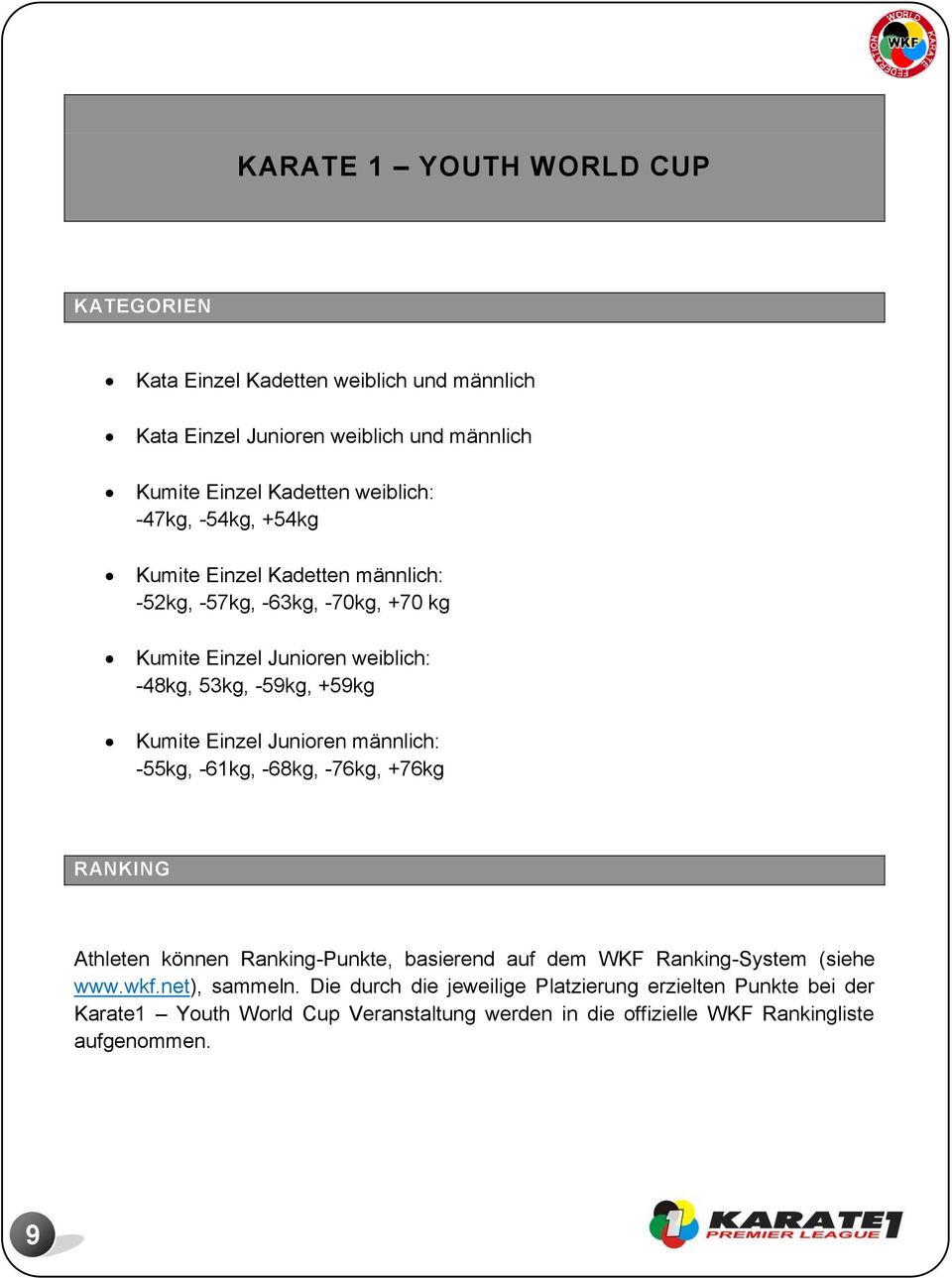 Einzel Junioren männlich: -55kg, -61kg, -68kg, -76kg, +76kg RANKING Athleten können Ranking-Punkte, basierend auf dem WKF Ranking-System (siehe www.wkf.