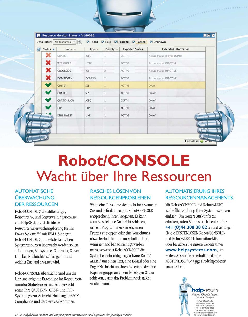 Sie sagen Robot/CONSOLE nur, welche kritischen Systemressourcen überwacht werden sollen Leitungen, Subsysteme, Controller, Server, Drucker, Nachrichtenschlangen und welcher Zustand erwartet wird.
