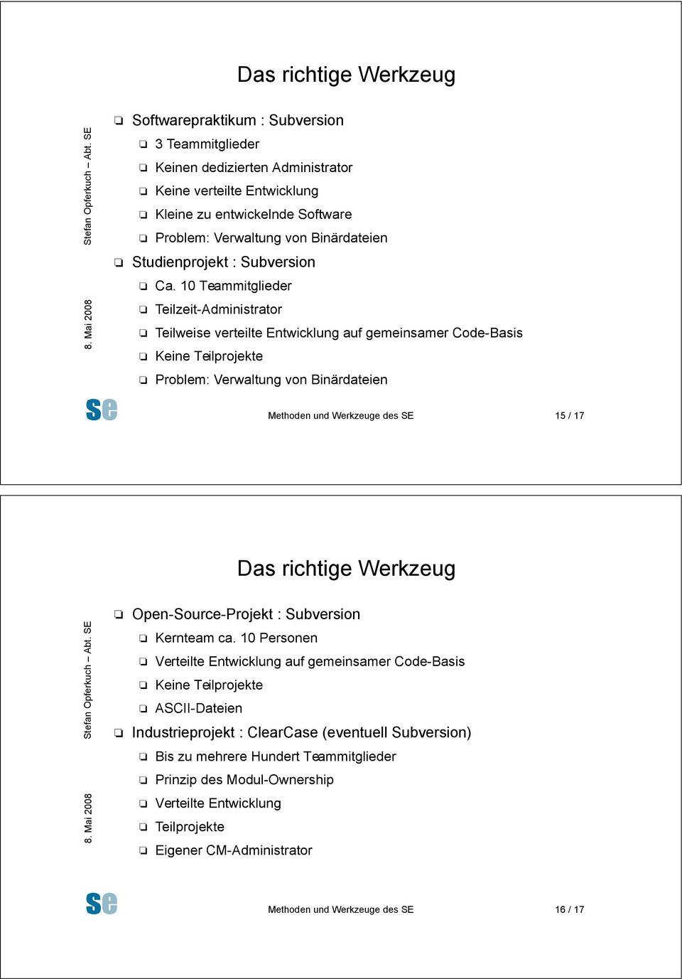 Problem: Verwaltung von Binärdateien Methoden und Werkzeuge des SE 15 / 17 Das richtige Werkzeug! Open-Source-Projekt : Subversion! Kernteam ca. 10 Personen!