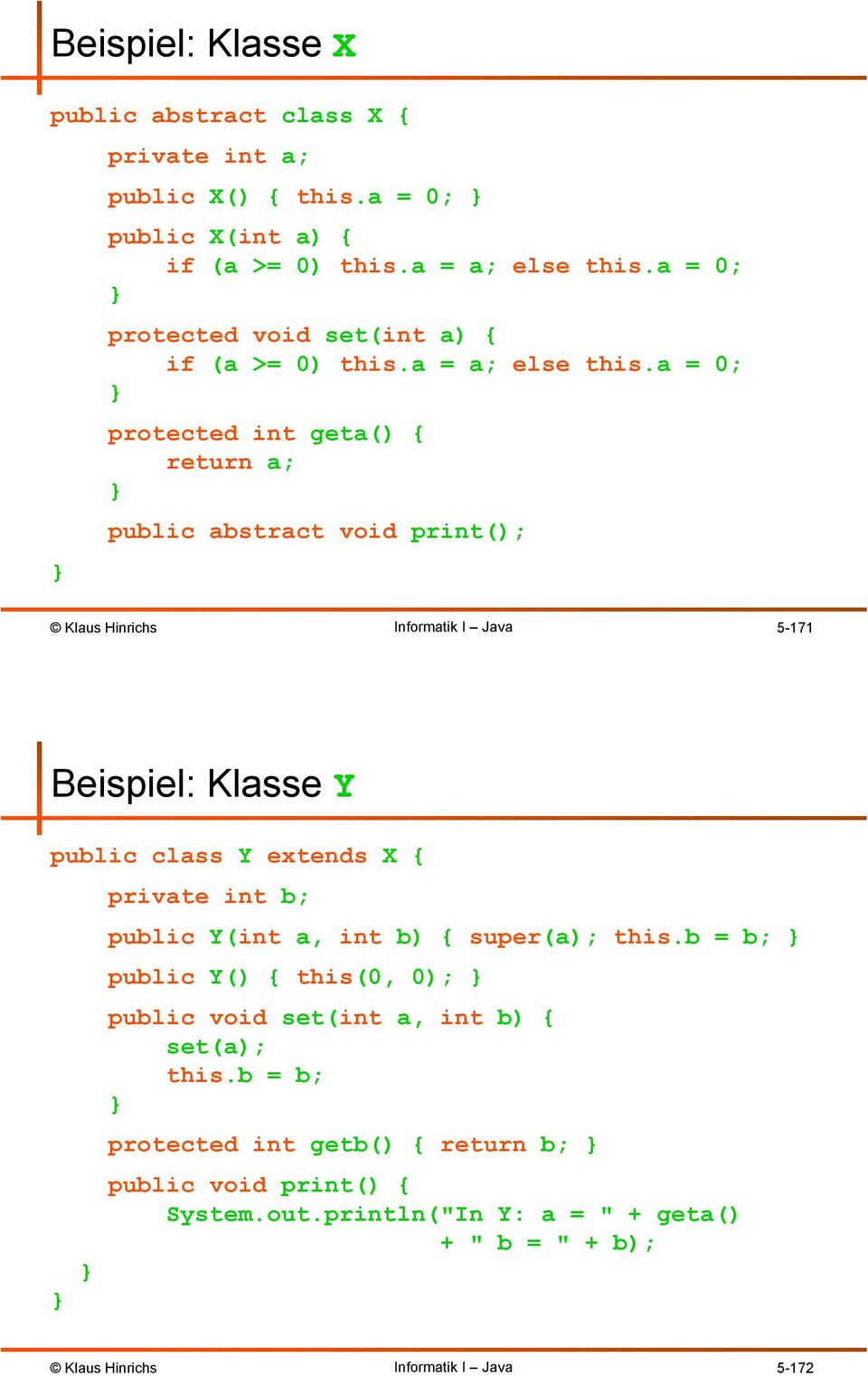a = 0; protected int geta() { return a; public abstract void print(); 5-171 Beispiel: Klasse Y public class Y extends X { private int b; public