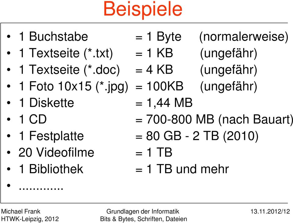 jpg) = 100KB (ungefähr) 1 Diskette = 1,44 MB 1 CD = 700-800 MB (nach Bauart) 1