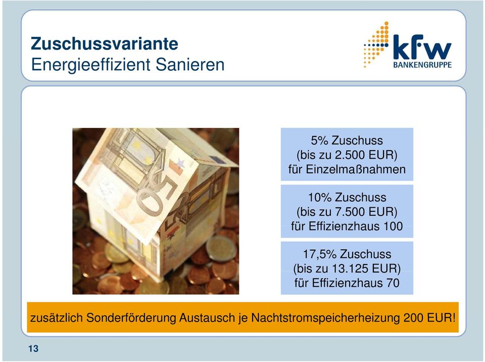 500 EUR) für Effizienzhaus 100 17,5% Zuschuss (bis zu 13.