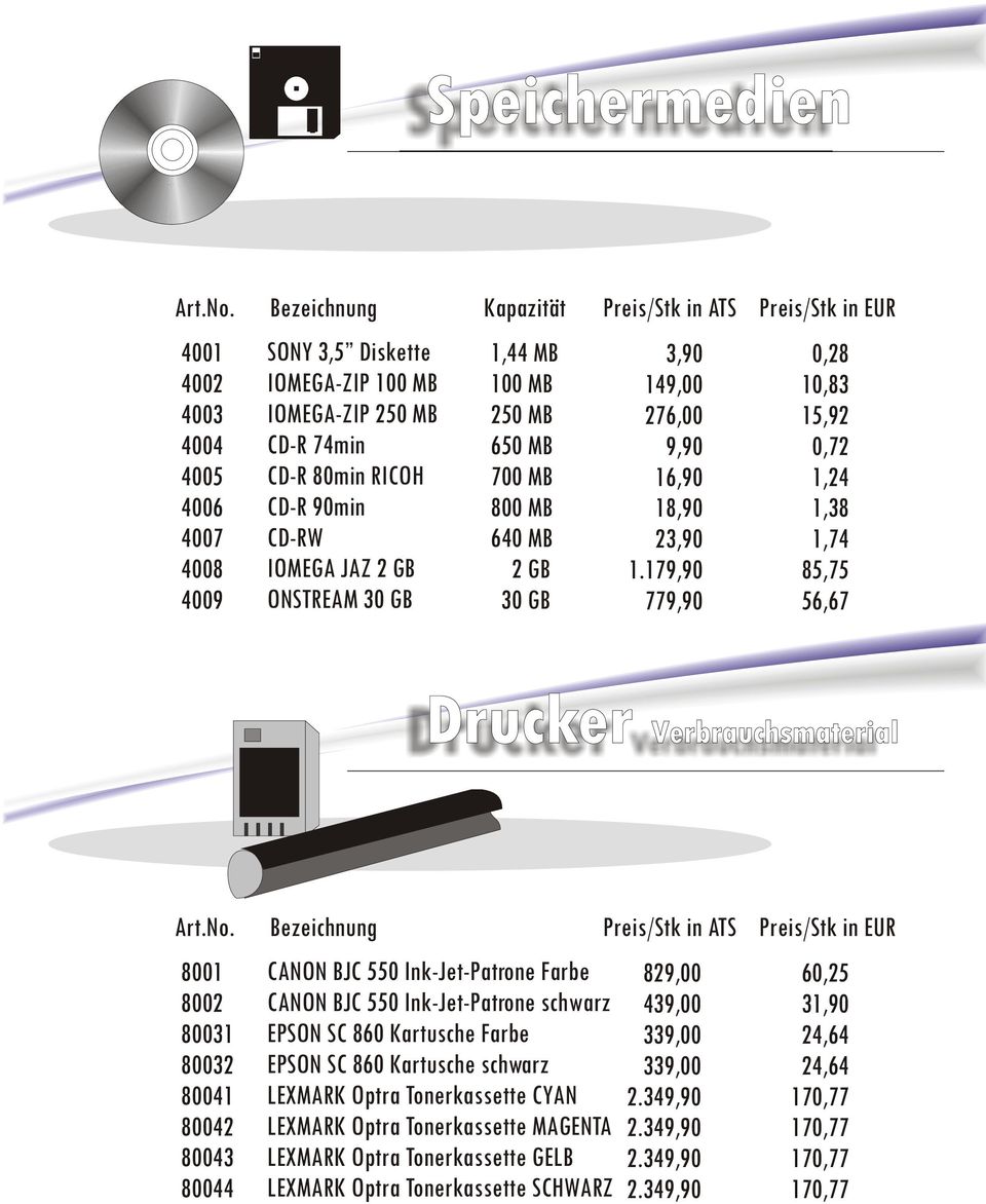 IOMEGA JAZ 2 GB ONSTREAM 30 GB 1,44 MB 100 MB 250 MB 650 MB 700 MB 800 MB 640 MB 2 GB 30 GB 3,90 149,00 276,00 9,90 16,90 18,90 23,90 1.