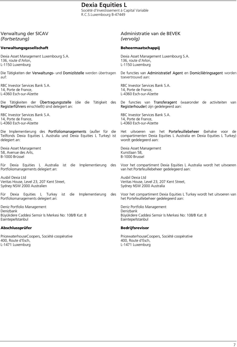 A. 14, Porte de France, L-436 Esch-sur-Alzette Die Tätigkeiten der Übertragungsstelle (die die Tätigkeit des Registerführers einschließt) sind delegiert an: RBC Investor Services Bank S.A. 14, Porte