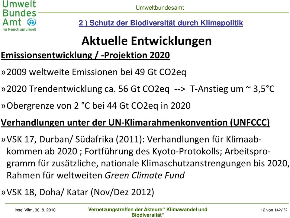 56 Gt CO2eq --> T-Anstieg um ~ 3,5 C»Obergrenze von 2 C bei 44 Gt CO2eq in 2020 Verhandlungen unter der UN-Klimarahmenkonvention (UNFCCC)»VSK 17, Durban/