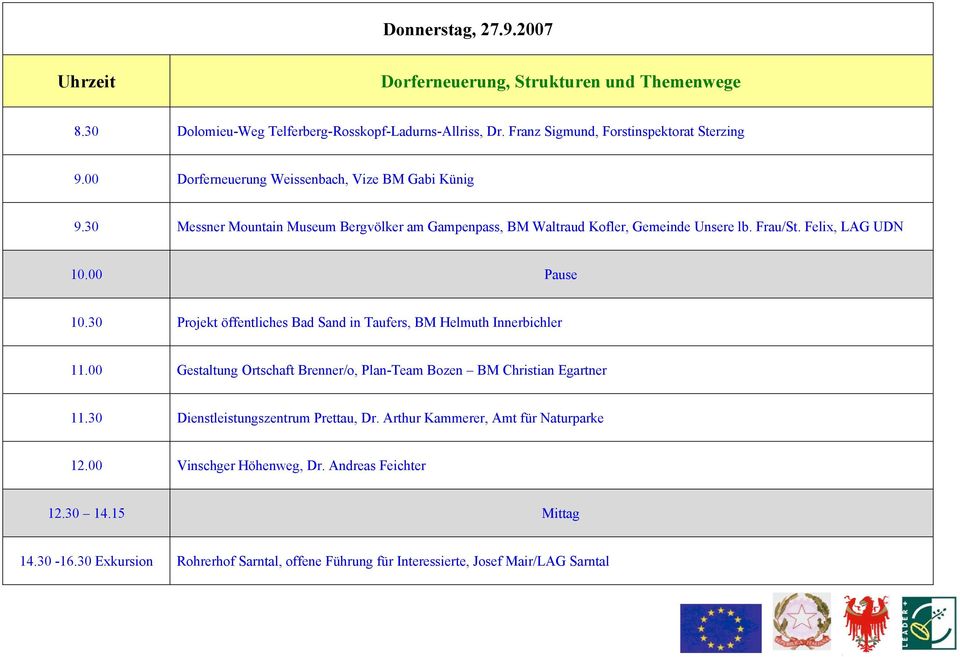 30 Projekt öffentliches Bad Sand in Taufers, BM Helmuth Innerbichler 11.00 Gestaltung Ortschaft Brenner/o, Plan-Team Bozen BM Christian Egartner 11.