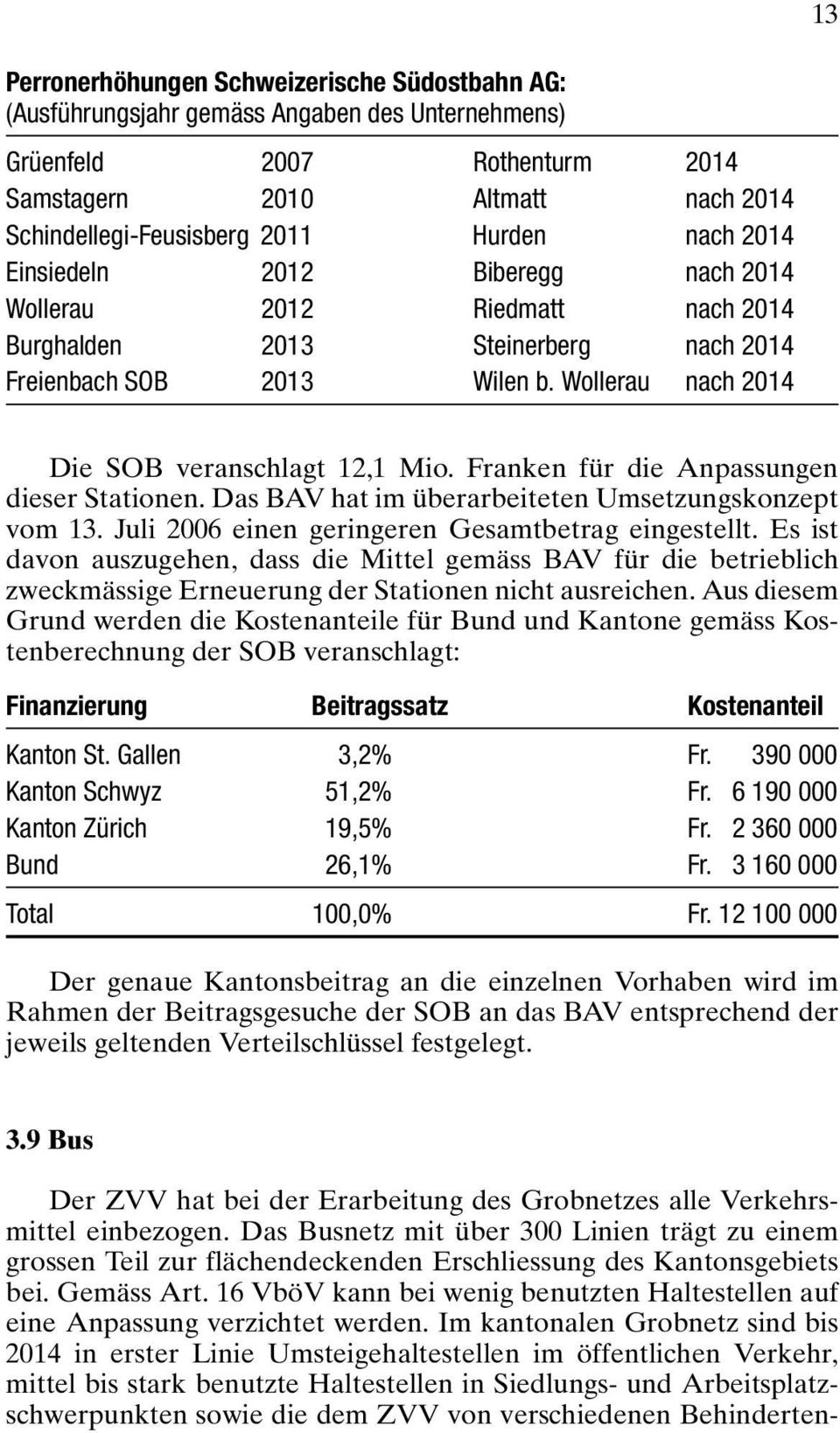 Wollerau nach 2014 Die SOB veranschlagt 12,1 Mio. Franken für die Anpassungen dieser Stationen. Das BAV hat im überarbeiteten Umsetzungskonzept vom 13.