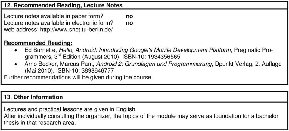 Arno Becker, Marcus Pant, Android 2: Grundlagen und Programmierung, Dpunkt Verlag, 2. Auflage (Mai 2010), ISBN-10: 3898646777 Further recommendations will be given during the course.